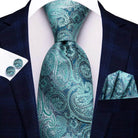 Men's teal green striped silk tie set for formal occasions
