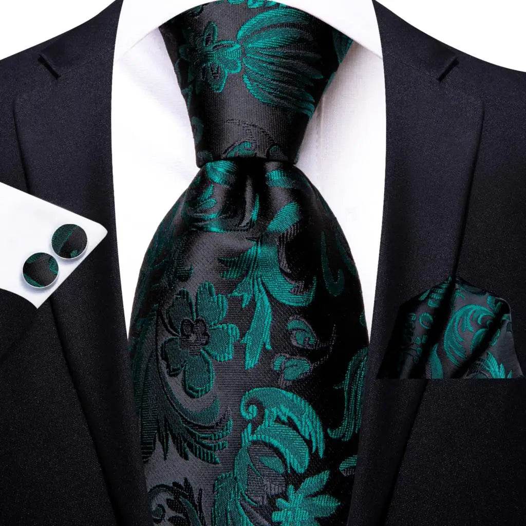 Men's teal green striped silk tie set for formal occasions