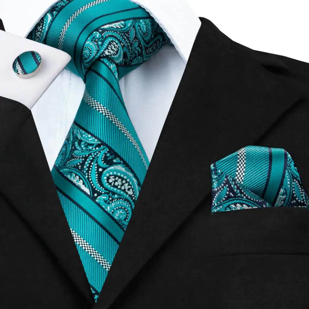 Men's teal green striped silk tie set, perfect for formal occasions