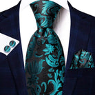 Men's teal green striped silk tie set for formal occasions