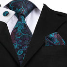 Teal green striped silk tie set for men's formal wear