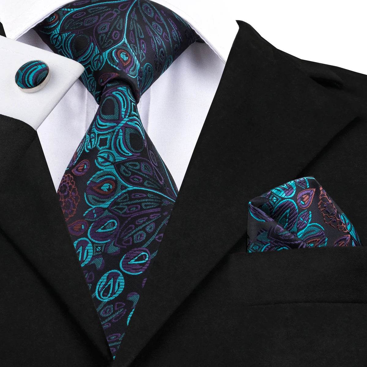 Teal green striped silk tie set for men's formal wear
