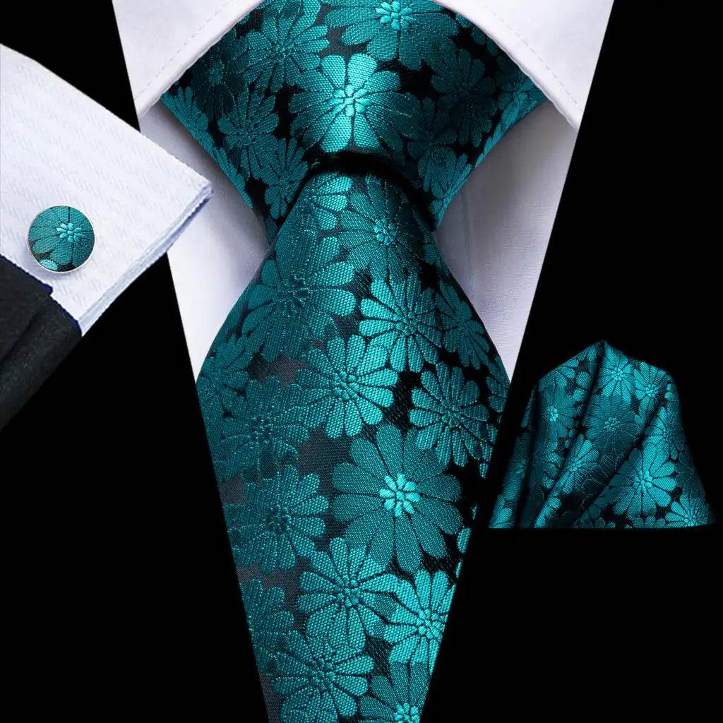 Men's teal green striped silk tie set for formal occasions