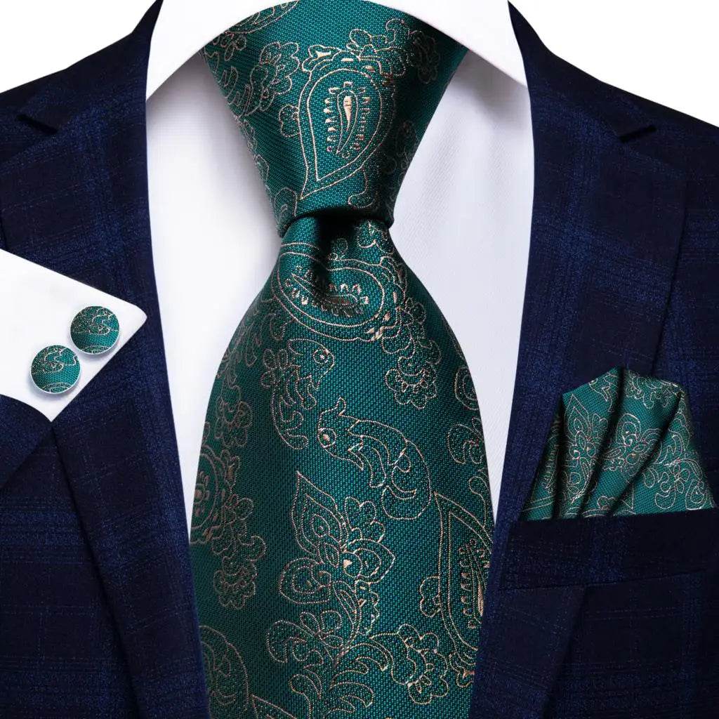 Teal green striped silk tie set, perfect for formal events