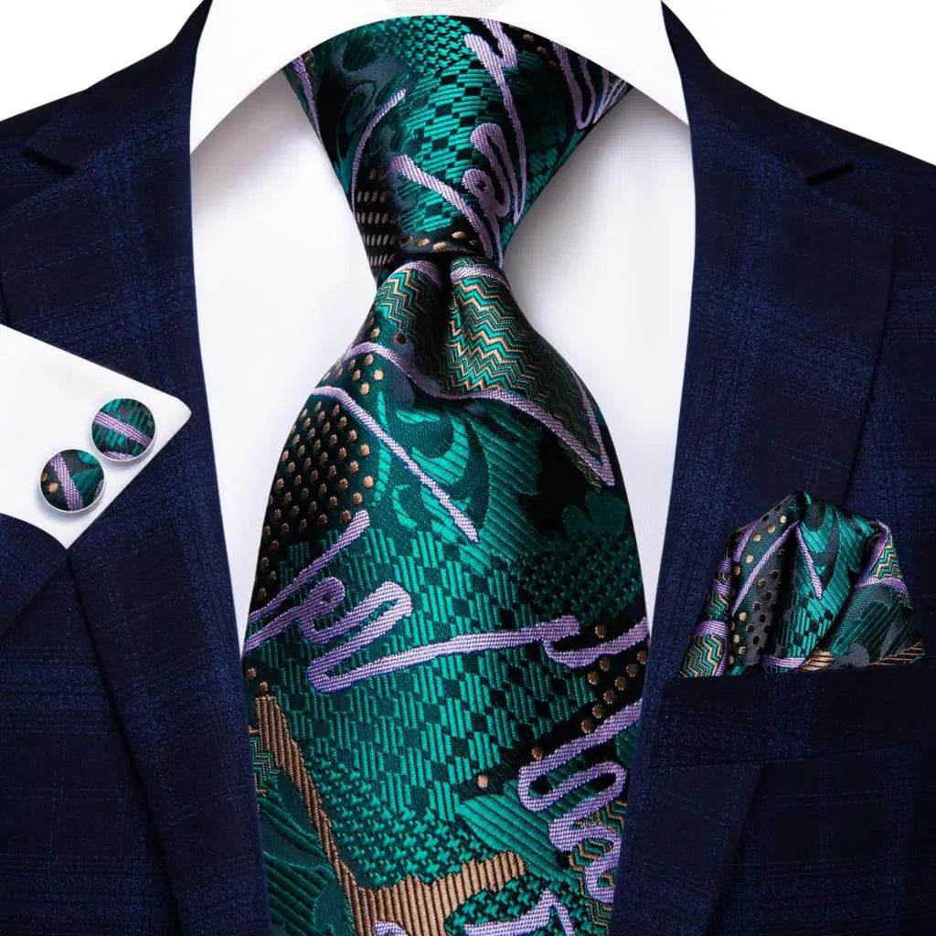 Men's teal green striped silk tie set for formal occasions