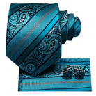 Teal green striped silk tie set with matching pocket square and cufflinks