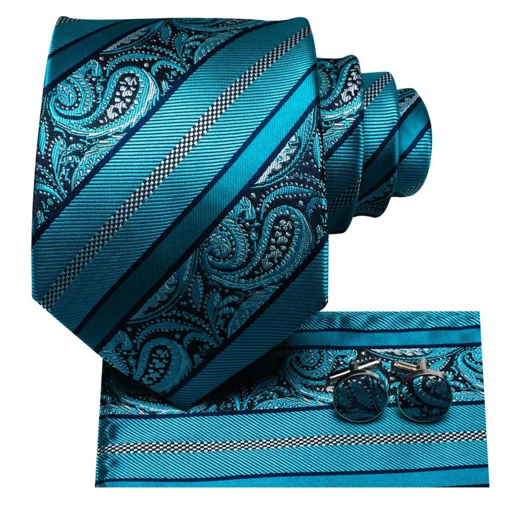 Teal green striped silk tie set with matching pocket square and cufflinks