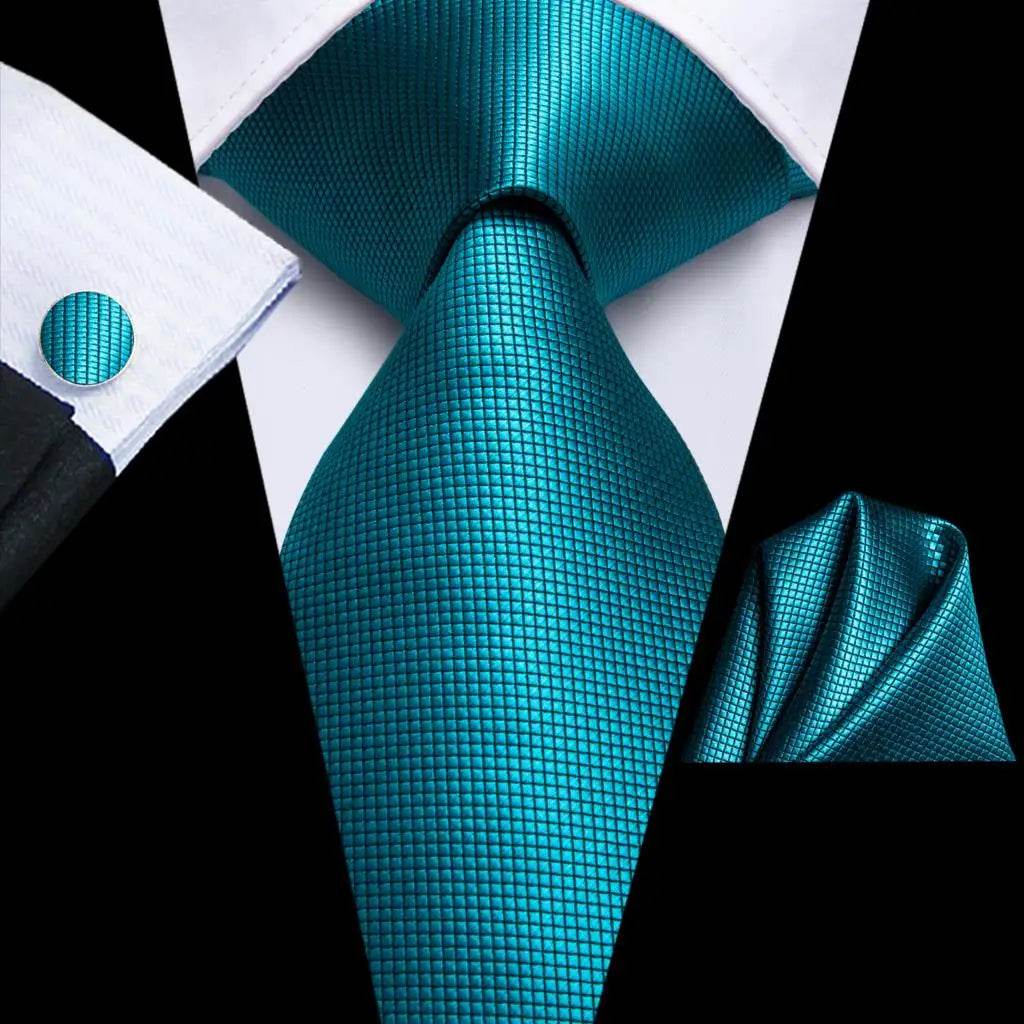 Men's teal green striped silk tie set for formal occasions
