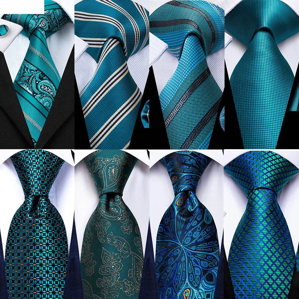 Men's teal green striped silk tie set for formal occasions