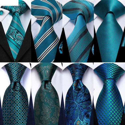 Men's teal green striped silk tie set for formal occasions