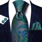 Men's teal green striped silk tie set, ideal for formal occasions