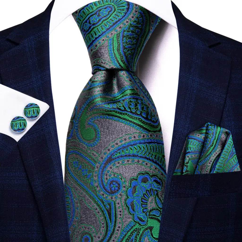 Men's teal green striped silk tie set, ideal for formal occasions