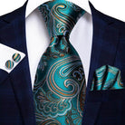 Men's teal green striped silk tie set for formal occasions