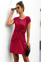 Women's pink tee shirts dress, casual summer style with tie detail