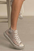 women's clear high-top sneakers with rhinestone details, stylish footwear