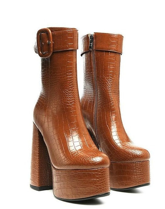 Women's Shoes - Boots Textured Croc High Block Heeled Chunky Mid Calf Boots