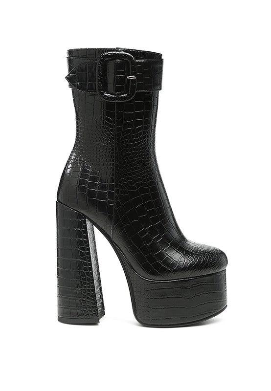 Women's Shoes - Boots Textured Croc High Block Heeled Chunky Mid Calf Boots