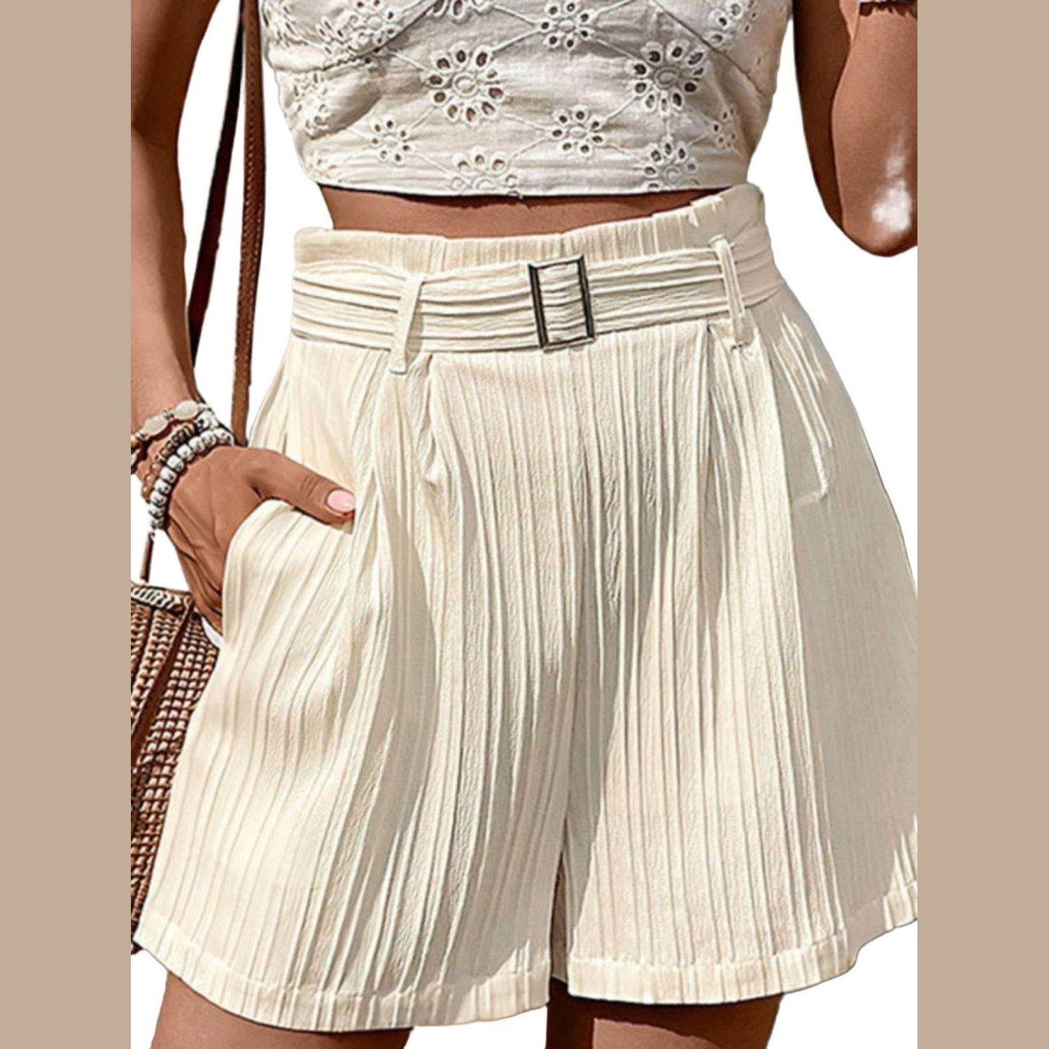 Textured High Waist Shorts with Pockets - VacationGrabs