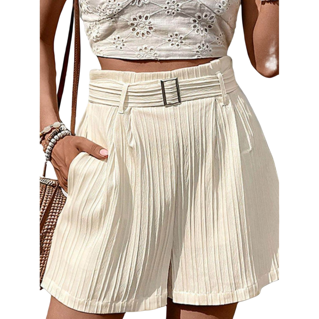 Textured High Waist Shorts with Pockets