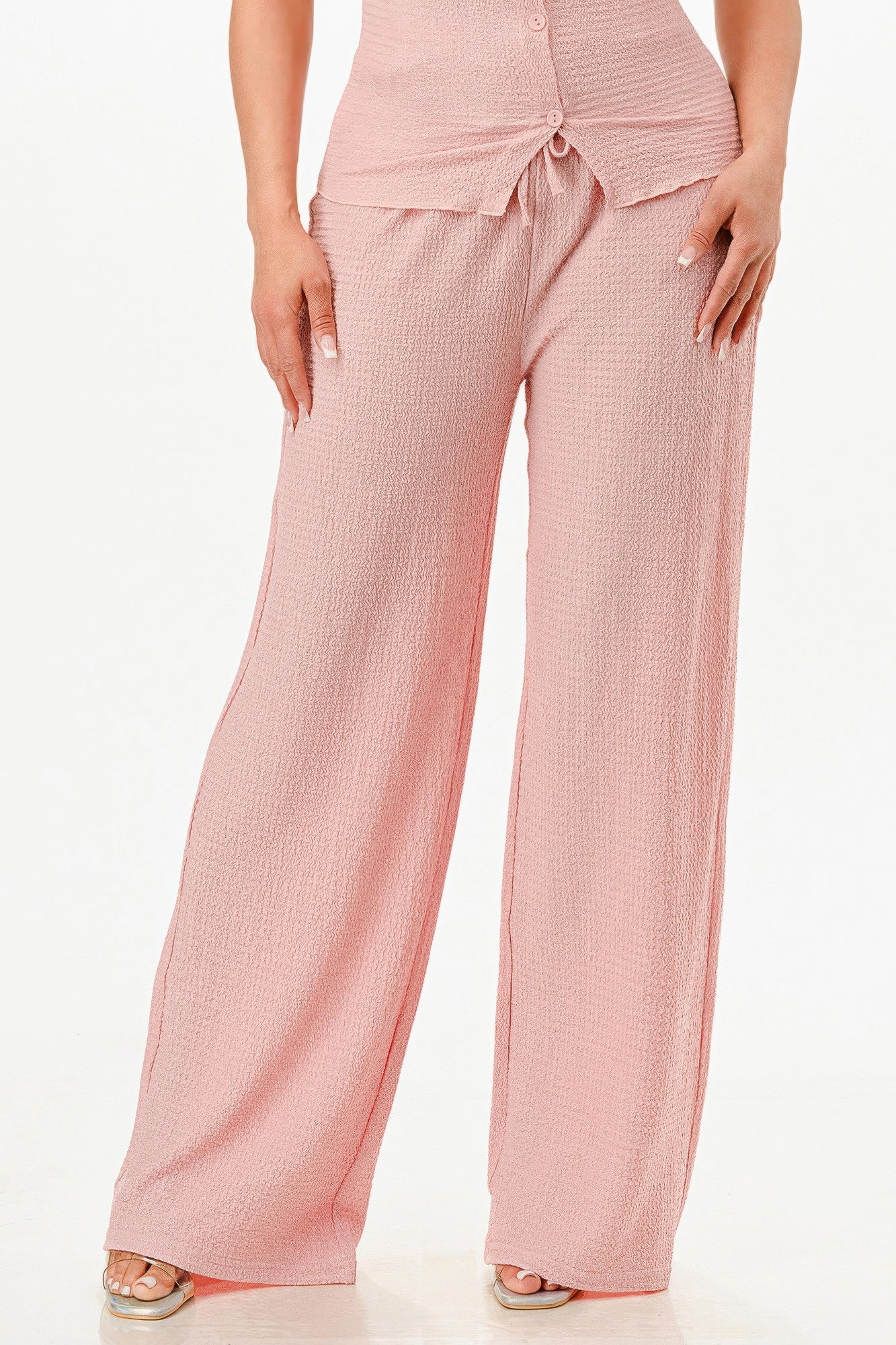 VacationGrabs textured pink pants set with wide-leg fit and drawstring waist for women