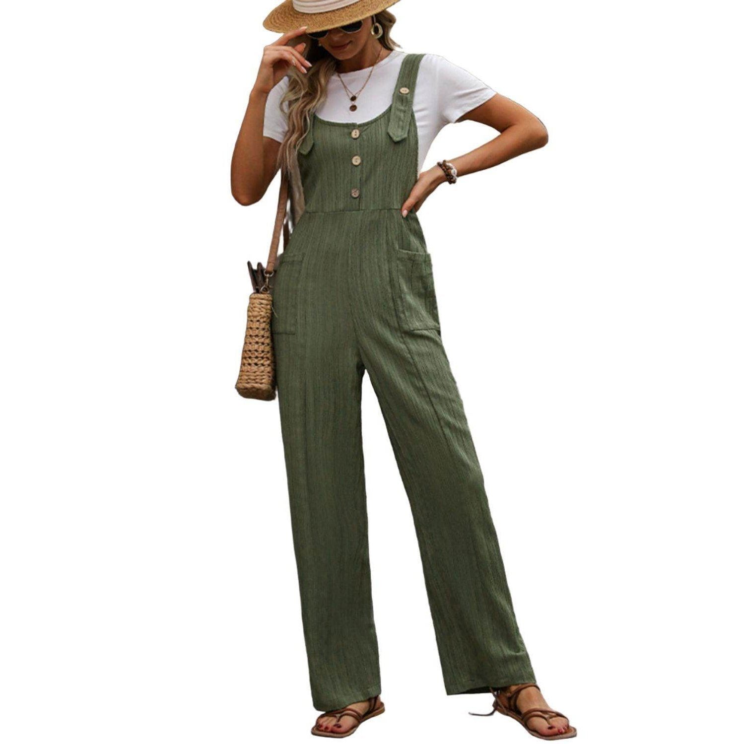 Textured Pocketed Wide Strap Overalls - VacationGrabs
