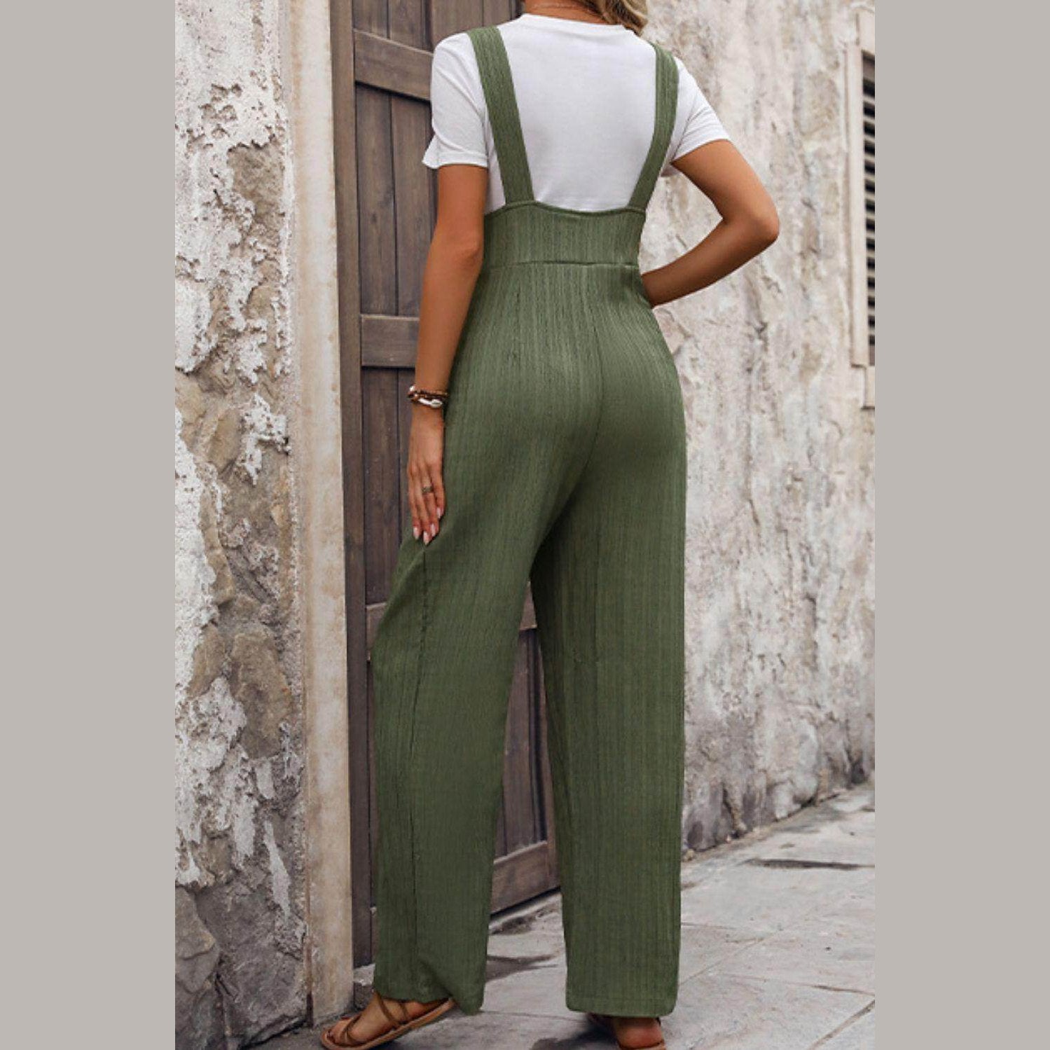 Textured Pocketed Wide Strap Overalls - VacationGrabs