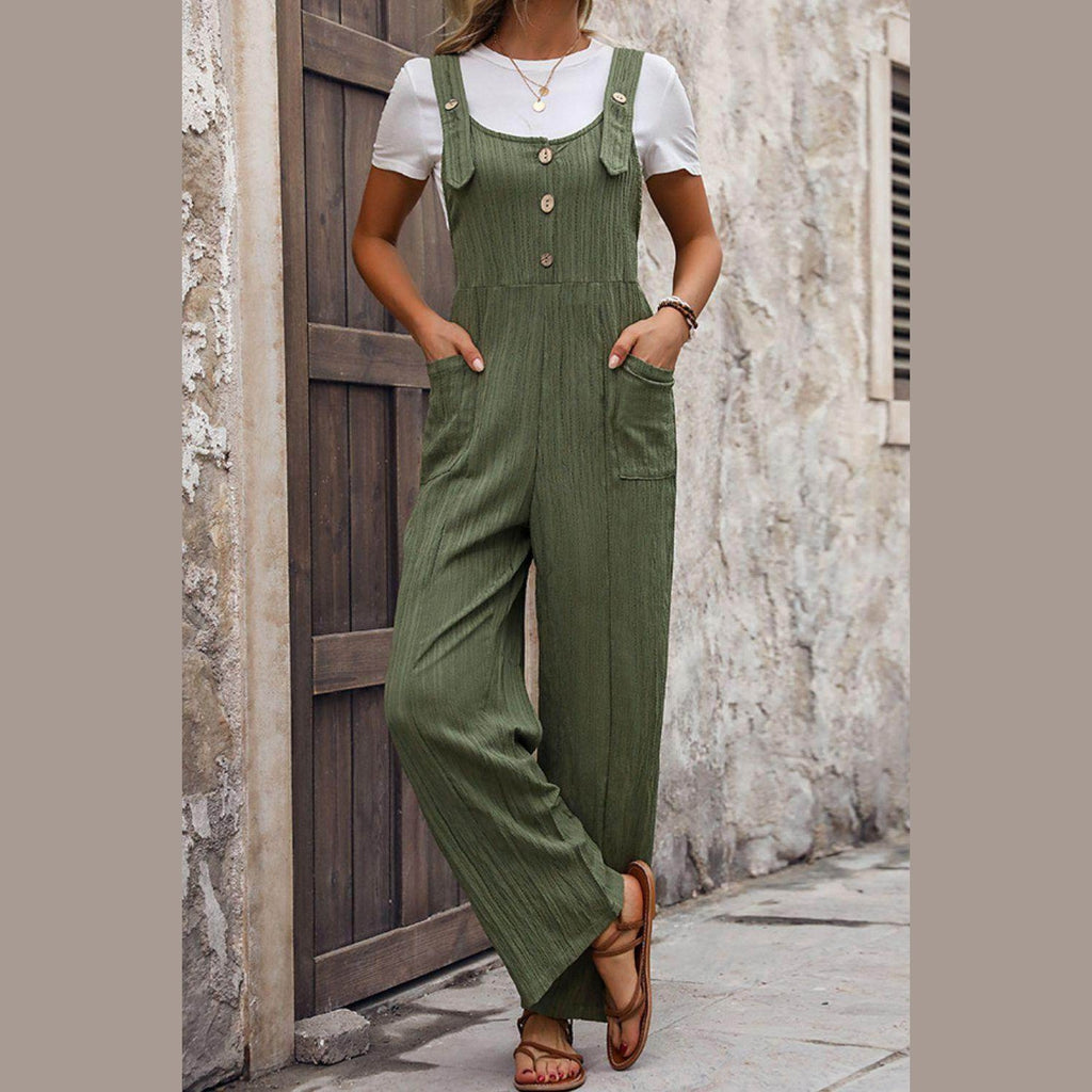 Textured Pocketed Wide Strap Overalls - VacationGrabs