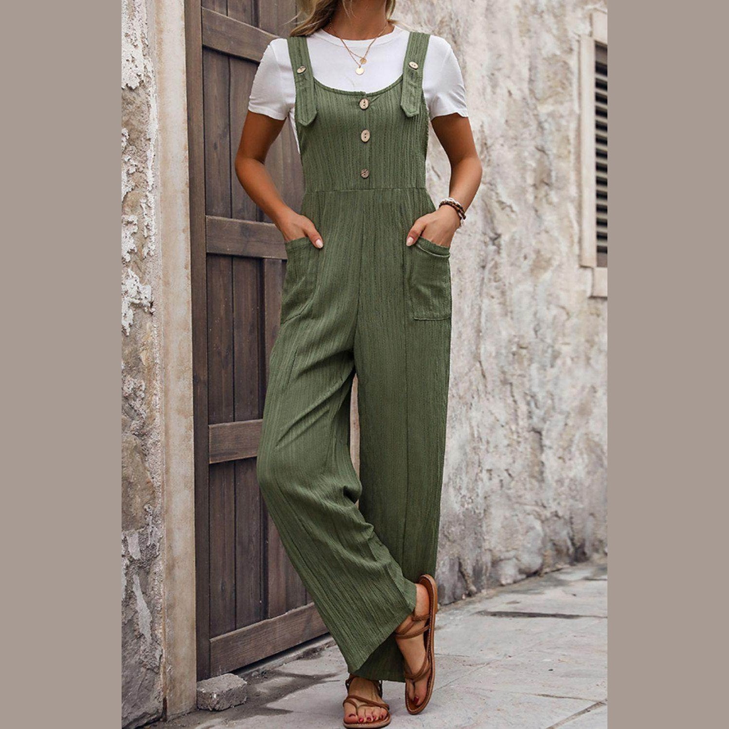 Textured Pocketed Wide Strap Overalls - VacationGrabs
