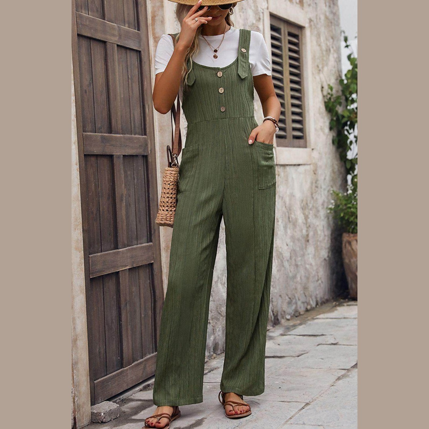 Textured Pocketed Wide Strap Overalls - VacationGrabs