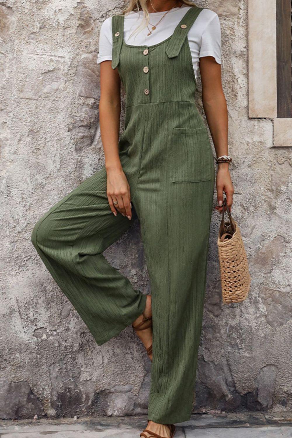 Jumpsuits & Rompers Textured Pocketed Wide Strap Overalls