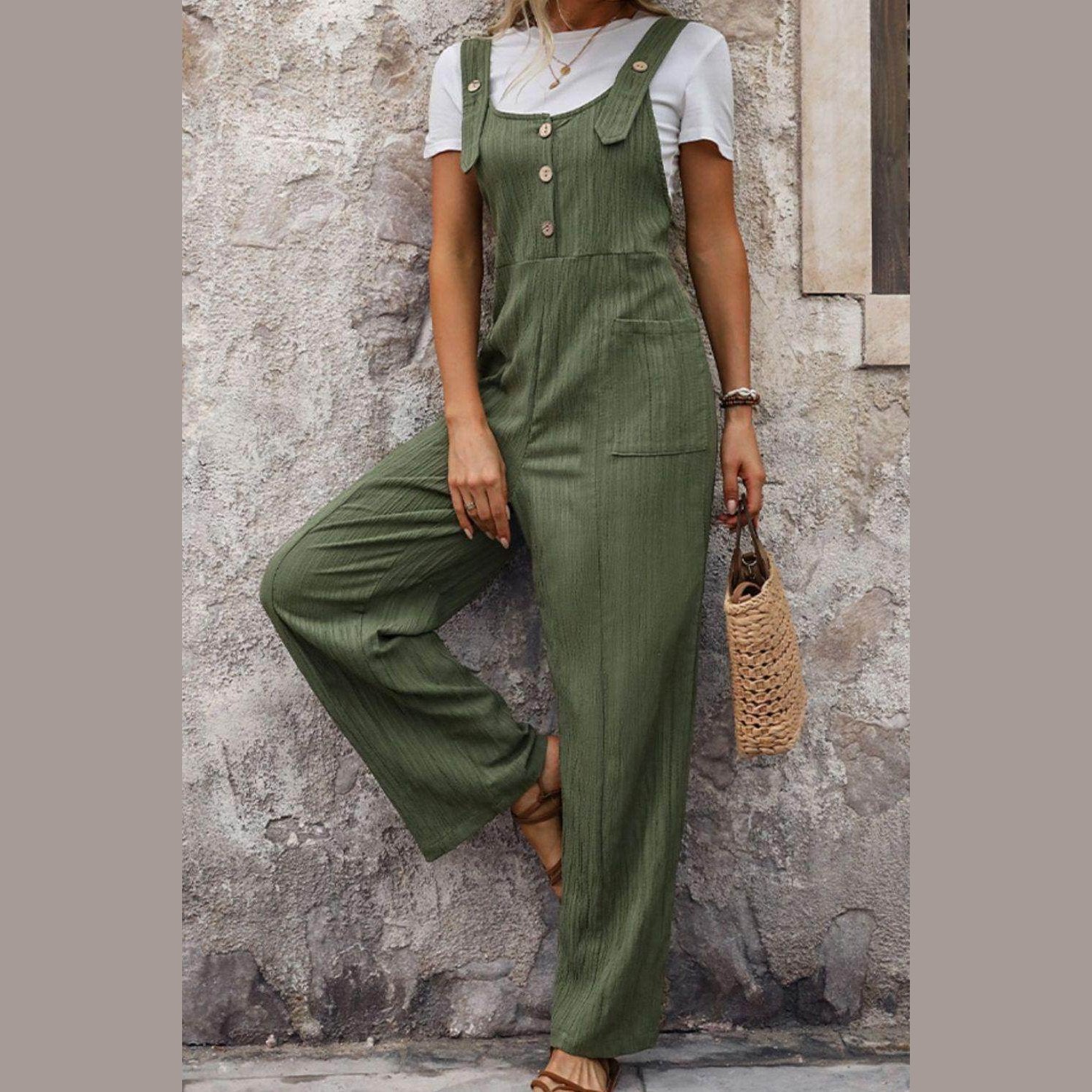 Textured Pocketed Wide Strap Overalls - VacationGrabs