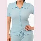 VacationGrabs textured polo set for women in light blue with button front and short sleeves