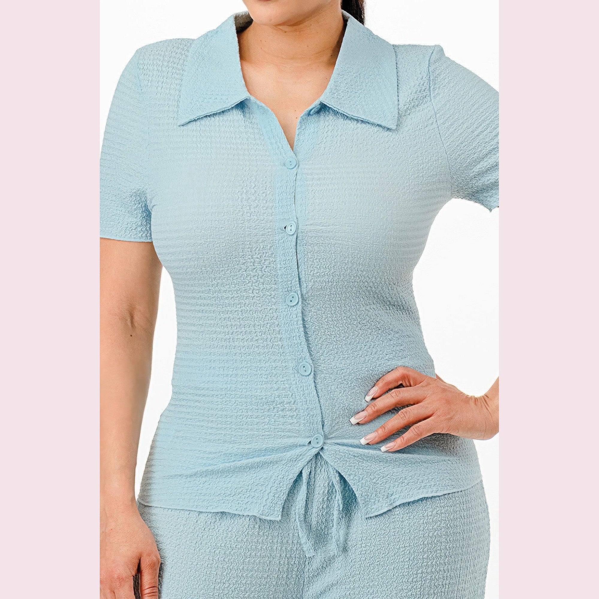 VacationGrabs textured polo set for women in light blue with button front and short sleeves