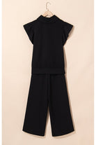 JUNIPER BLVD textured ruffle lounge set in black with stylish ruffle sleeves and wide-leg pants
