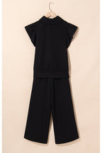 JUNIPER BLVD textured ruffle lounge set in black with stylish ruffle sleeves and wide-leg pants