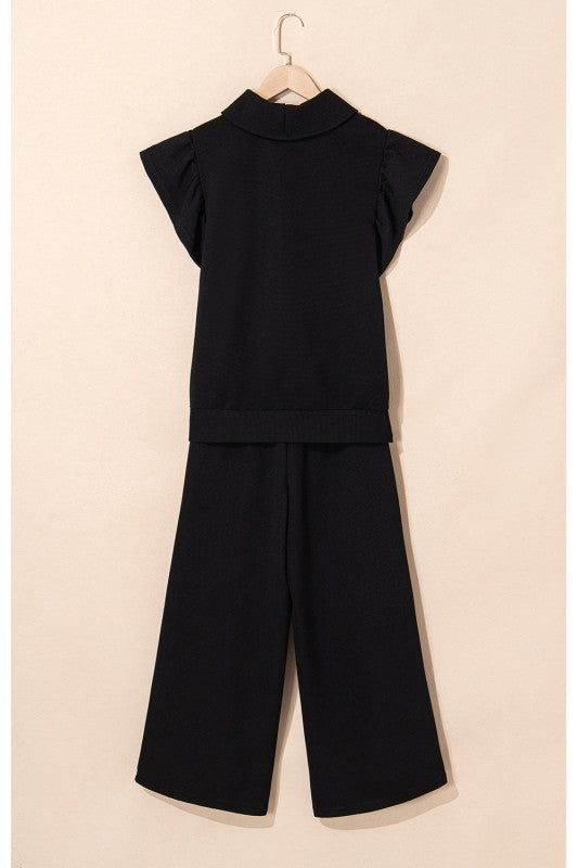 JUNIPER BLVD textured ruffle lounge set in black with stylish ruffle sleeves and wide-leg pants