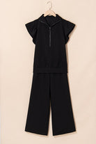 JUNIPER BLVD textured ruffle lounge set in black with short sleeves and wide-leg pants