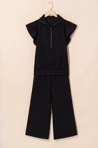 JUNIPER BLVD textured ruffle lounge set in black with short sleeves and wide-leg pants