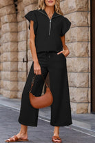 JUNIPER BLVD women's textured ruffle lounge set in black with relaxed fit and zipper detail