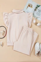 JUNIPER BLVD textured ruffle lounge set in soft pink with a stylish top and comfortable pants