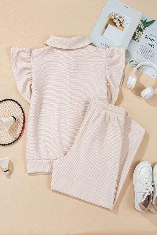 JUNIPER BLVD textured ruffle lounge set in soft pink with a stylish top and comfortable pants
