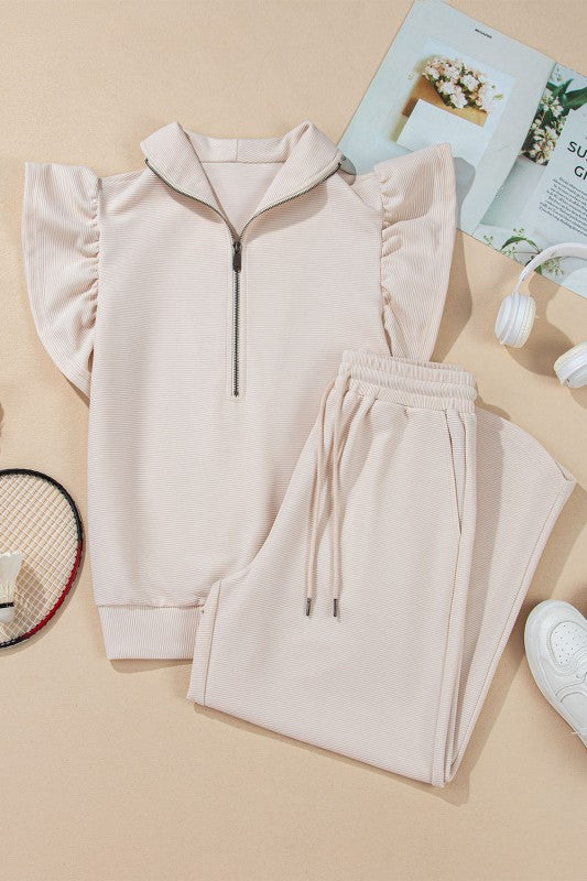 JUNIPER BLVD textured ruffle lounge set in light beige with stylish ruffle sleeves and comfortable pants