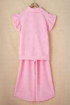 JUNIPER BLVD textured ruffle lounge set in soft pink with short ruffled sleeves and matching pants