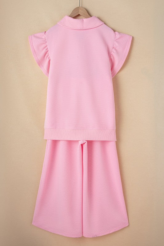 JUNIPER BLVD textured ruffle lounge set in soft pink with short ruffled sleeves and matching pants