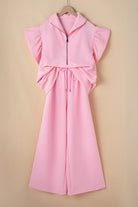 Pink textured ruffle lounge set featuring a zip-up top and wide-leg pants for a stylish casual look