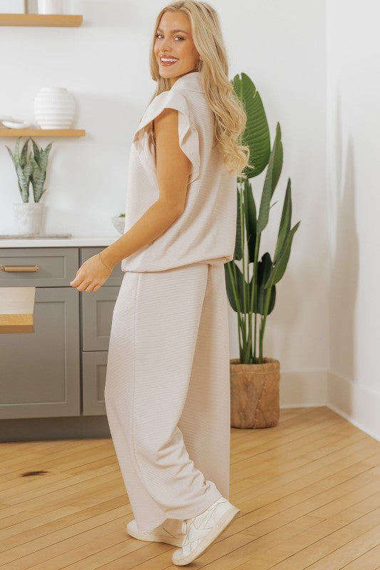 JUNIPER BLVD textured ruffle lounge set in light beige with soft fabric and relaxed fit for comfortable wear