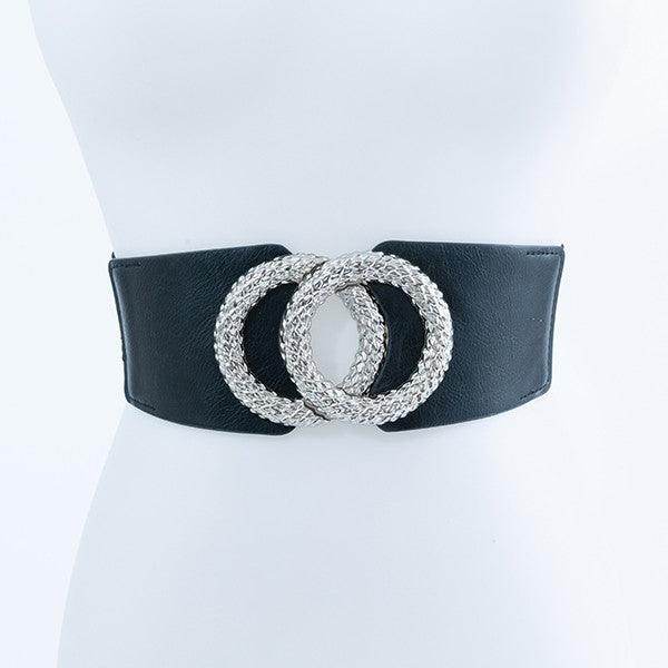 Bella Chic textured statement belt featuring two intertwined silver rings and a sleek black design