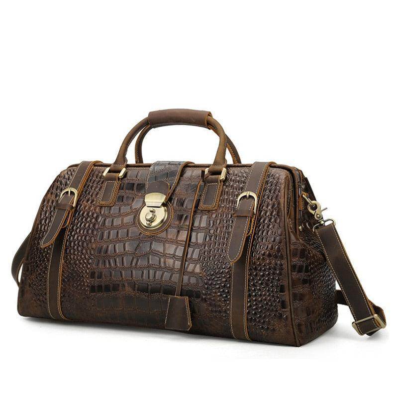 Textured travel weekender bag in brown with stylish crocodile pattern and removable shoulder strap