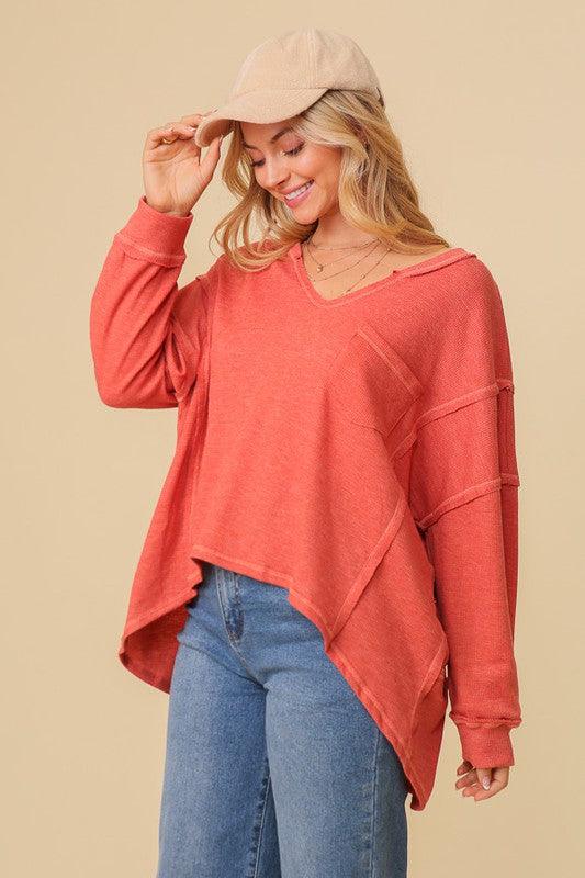 Women's Shirts Thermal High Low V-Neck Oversized Top