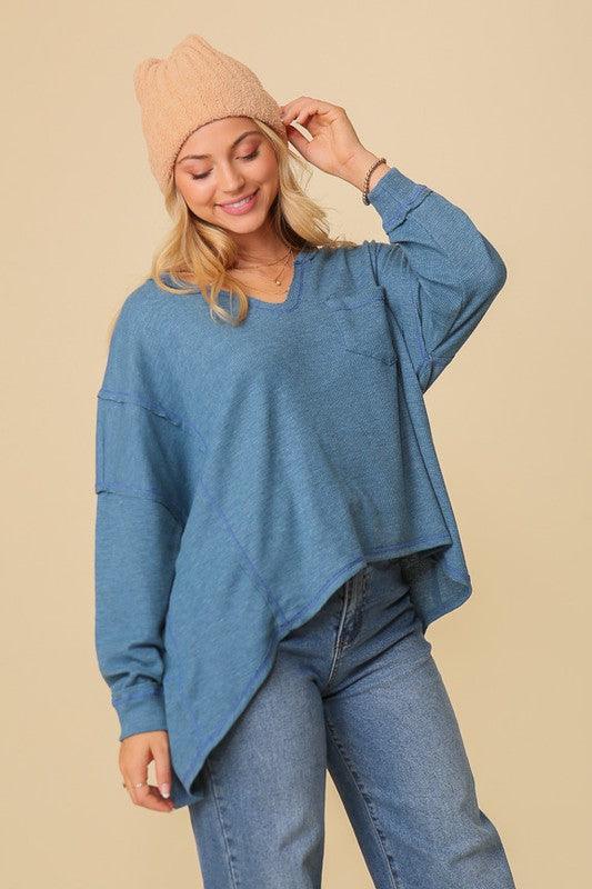 Women's Shirts Thermal High Low V-Neck Oversized Top